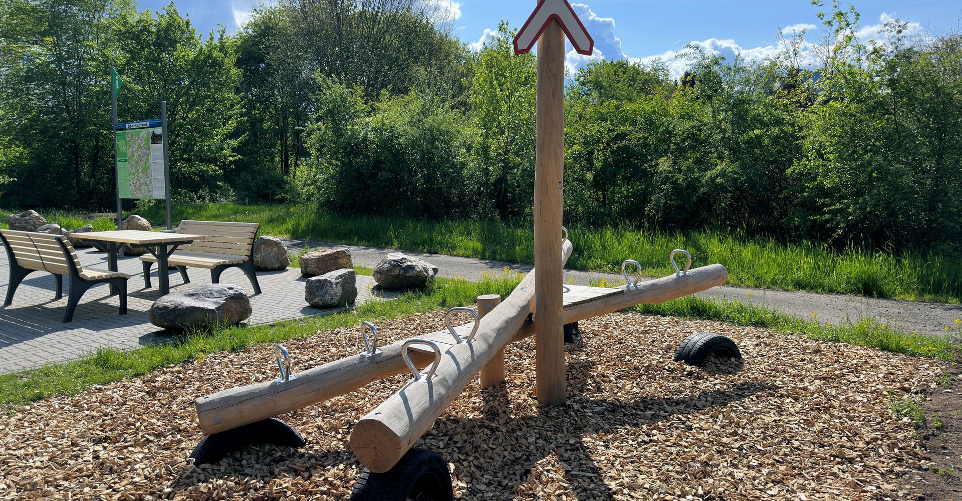 zwei sich überkreuzende Holzwippen am Rande das Bahnradweges