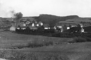 schwarz-weiß Fotografie einer Landschaft mit vorbeifahrendem Zug. Aus dem Schornstein der Lok steigt dunkler Rauch nach oben.
